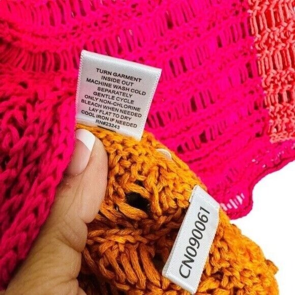 New York & CO Color Block Pink/Orange One Shoulder Slit Crochet Slouchy Sweater - Picture 7 of 7